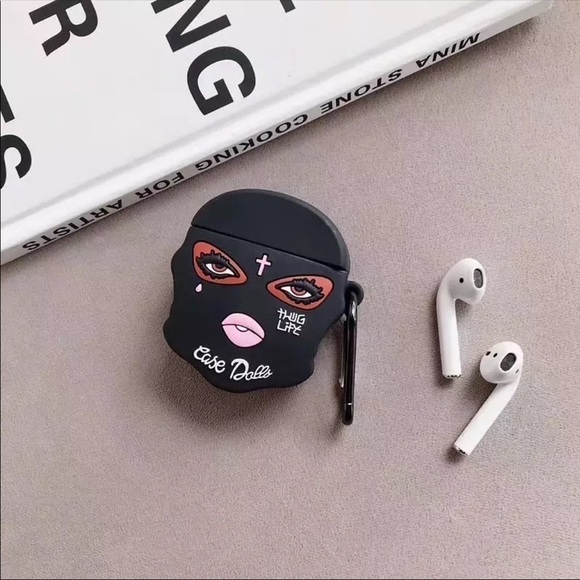 Black THUG LIFE AIR PODS 1 & 2 SILICONE CASE COVER WITH KEYCHAIN - Picture 2 of 5
